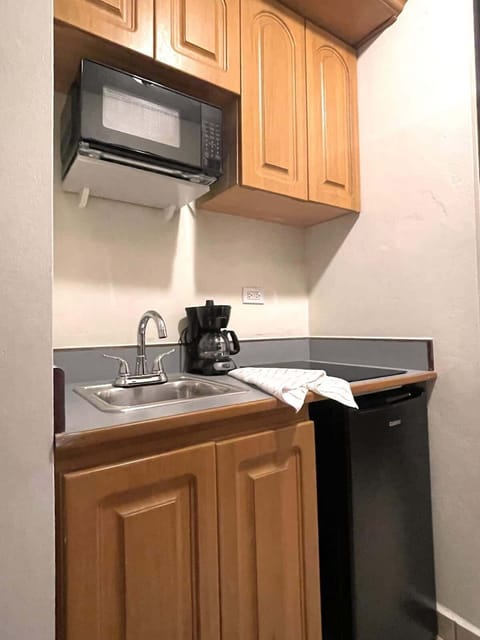 Fridge, microwave, stovetop, coffee/tea maker