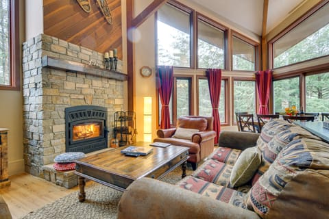 TV, fireplace, books