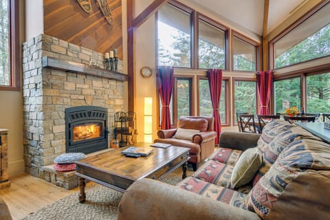 TV, fireplace, books