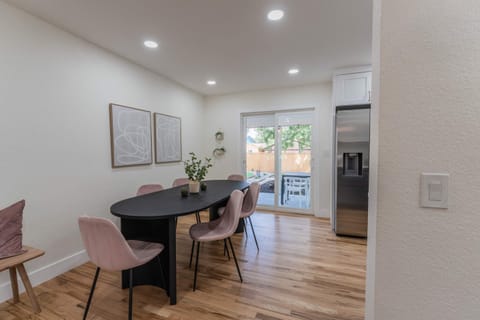 The dining table seats six.