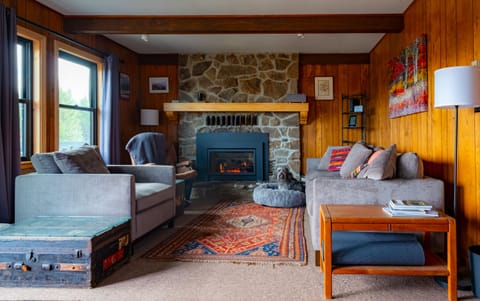 TV, fireplace, books, stereo