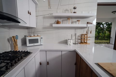 Fridge, microwave, stovetop, coffee/tea maker