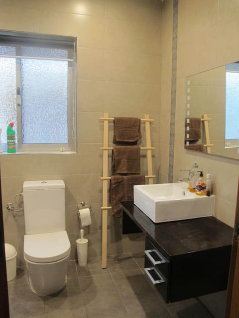 Combined shower/tub, hair dryer, towels, soap