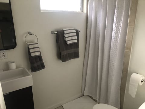 Combined shower/tub, hair dryer, towels, soap