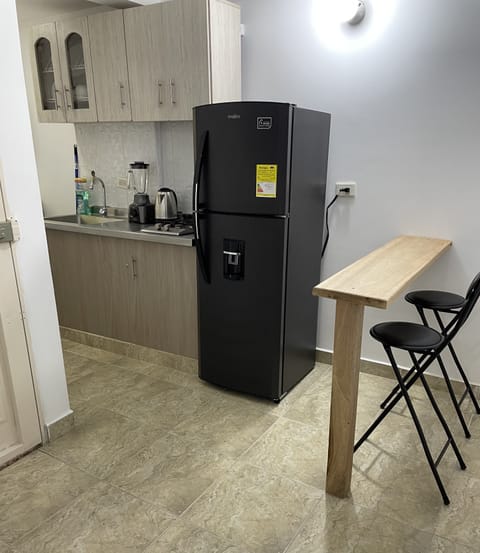 Fridge, coffee/tea maker, electric kettle, blender