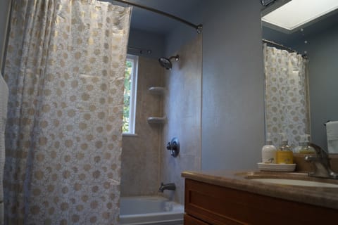 Combined shower/tub, hair dryer, towels, soap