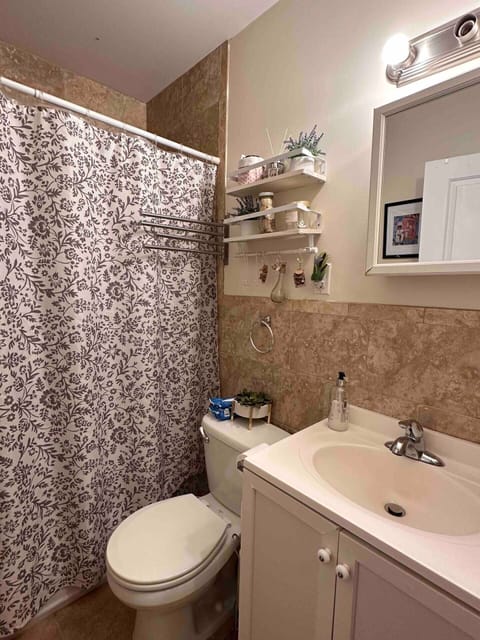 Combined shower/tub, towels, soap, toilet paper