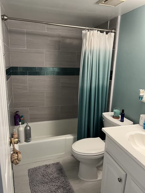 Combined shower/tub, hair dryer, towels, soap