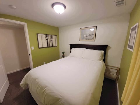 Basement bedroom with queen bed.