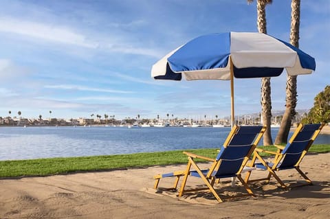 On the beach, sun loungers