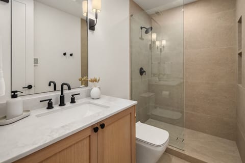 Combined shower/tub, hair dryer, towels, soap