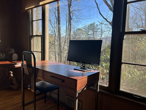 Dedicated work desk with monitor available for use. High speed internet and surge protecting cords.