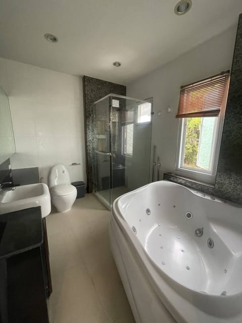 Shower, jetted tub, hair dryer, bidet