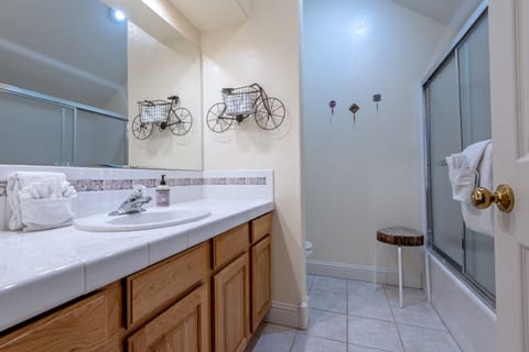 Combined shower/tub, hair dryer, towels