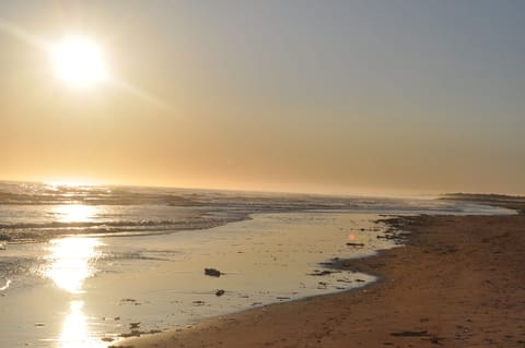 On the beach, sun loungers, beach towels