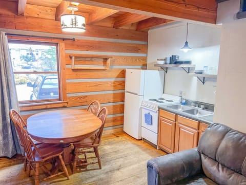 Dining table and kitchen from living area.