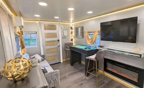 Seating area, electric fireplace, dining table/roulette table