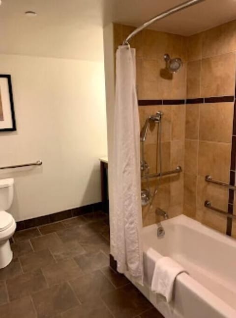 Combined shower/tub, hair dryer, towels, soap