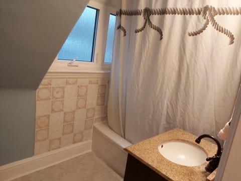 Combined shower/tub, hair dryer, towels, soap