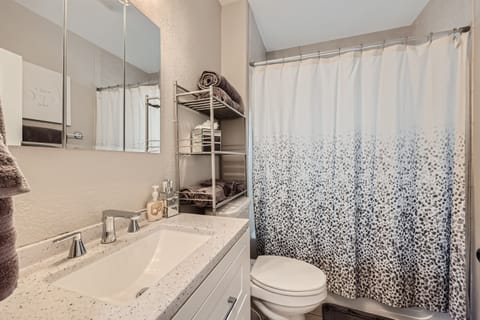 Combined shower/tub, hair dryer, towels