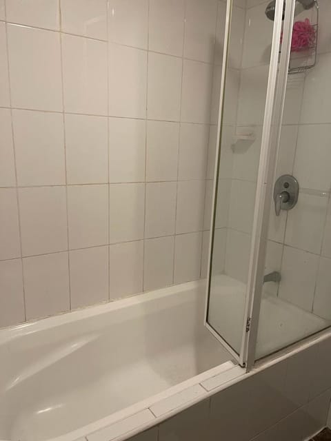 Combined shower/tub, hair dryer, towels, soap