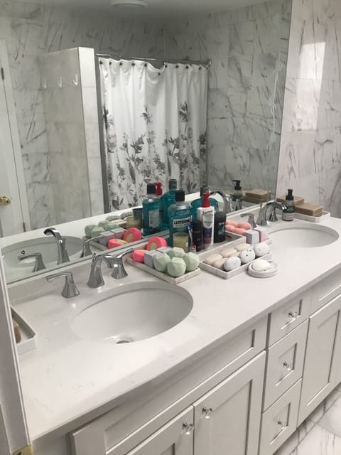 Hair dryer, towels, soap, shampoo