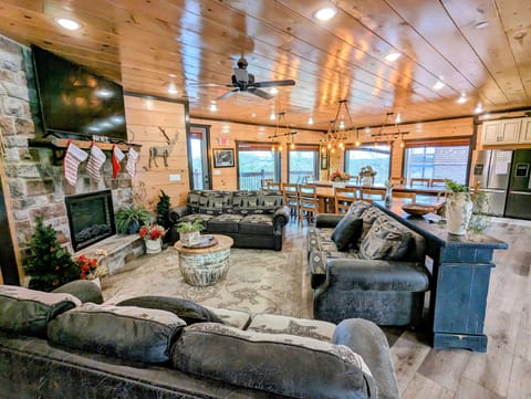 Living room seating area with TV and fireplace.