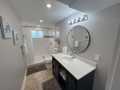 Combined shower/tub, hair dryer, towels, soap