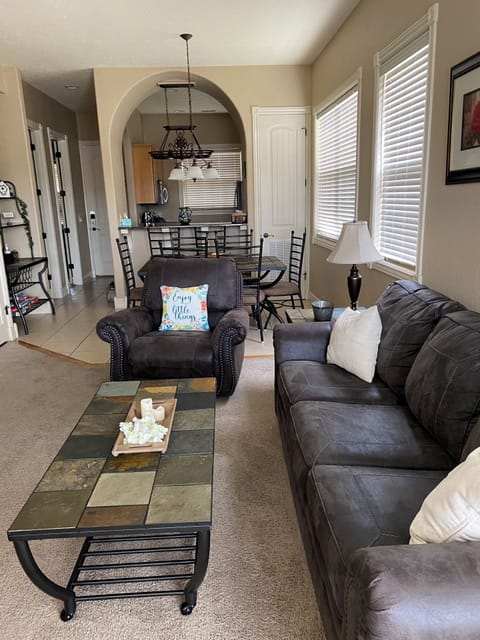 spacious living room with with fold out full size bed couch bed.