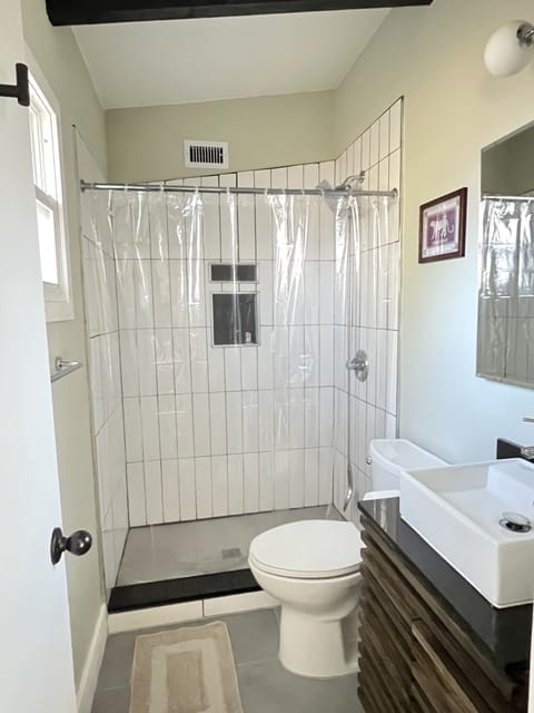 Combined shower/tub, hair dryer, bidet, towels