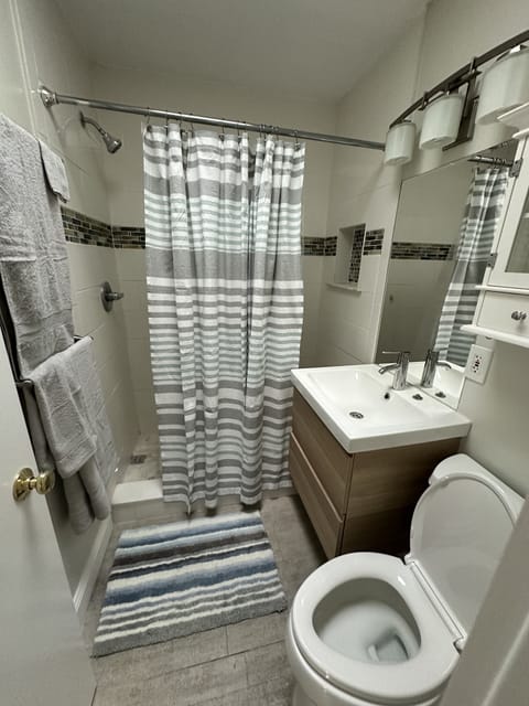 Combined shower/tub, hair dryer, towels, soap