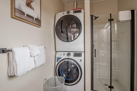Enjoy the convenience of a full sized washer and dryer located in the bathroom.