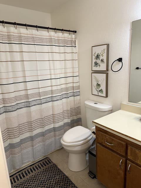 Combined shower/tub, hair dryer, towels, soap