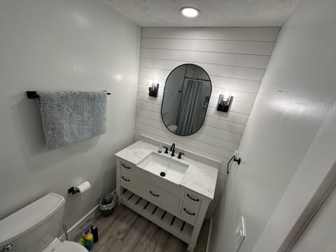 Combined shower/tub, towels