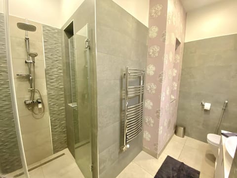 Combined shower/tub, hair dryer, bidet, towels