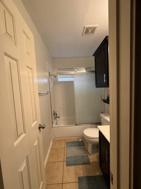 Combined shower/tub, hair dryer, bidet, towels