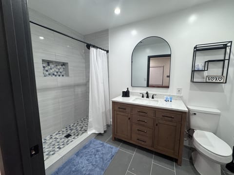 Combined shower/tub, hair dryer, towels, soap