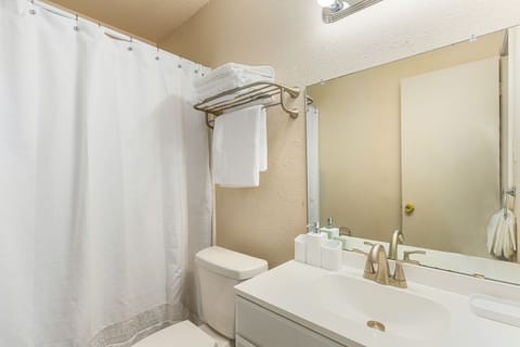 Combined shower/tub, hair dryer, towels, soap