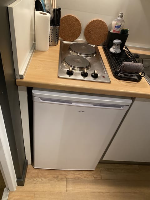 Fridge, microwave, oven, cookware/dishes/utensils