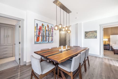 Dining room table and chandelier and globe chandelier (seats 10)