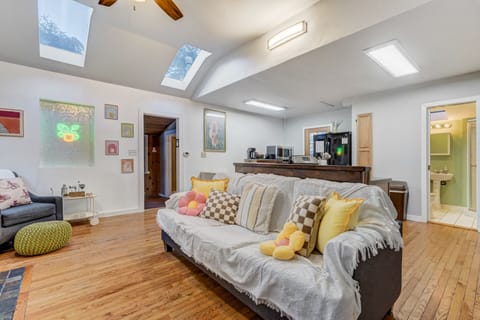 Our funky, redesigned living room is a great place to unwind after a long day exploring the area.