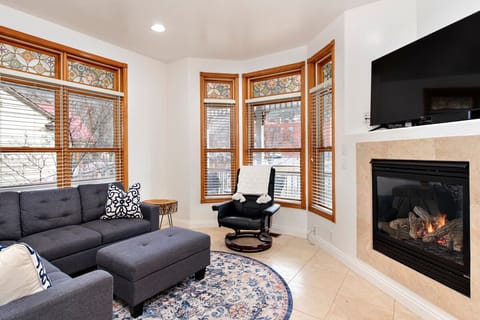 Living room with gas fireplace and large television