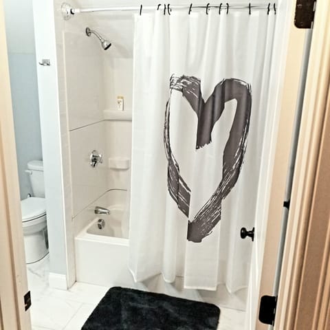 Combined shower/tub, hair dryer, towels, toilet paper