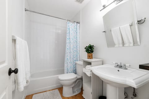 Combined shower/tub, hair dryer, towels, soap