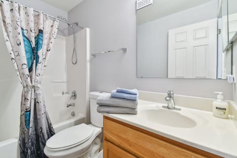 Combined shower/tub, hair dryer, towels, toilet paper