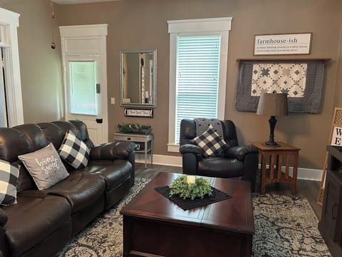 Living Room with custom blinds and large screen TV with ROKU.