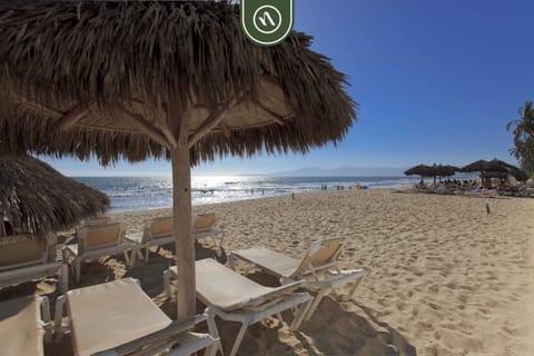 On the beach, sun loungers