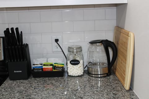 An electric kettle and Tea selections available