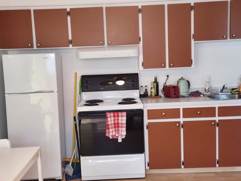 Fridge, microwave, coffee/tea maker, cookware/dishes/utensils