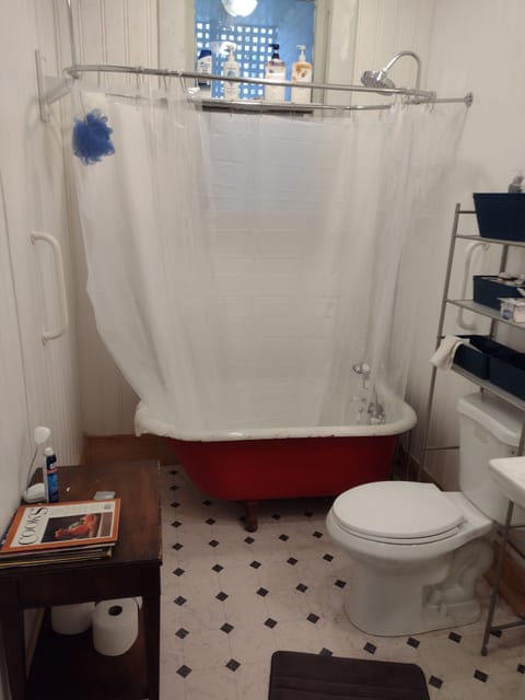 Combined shower/tub, hair dryer, towels, soap